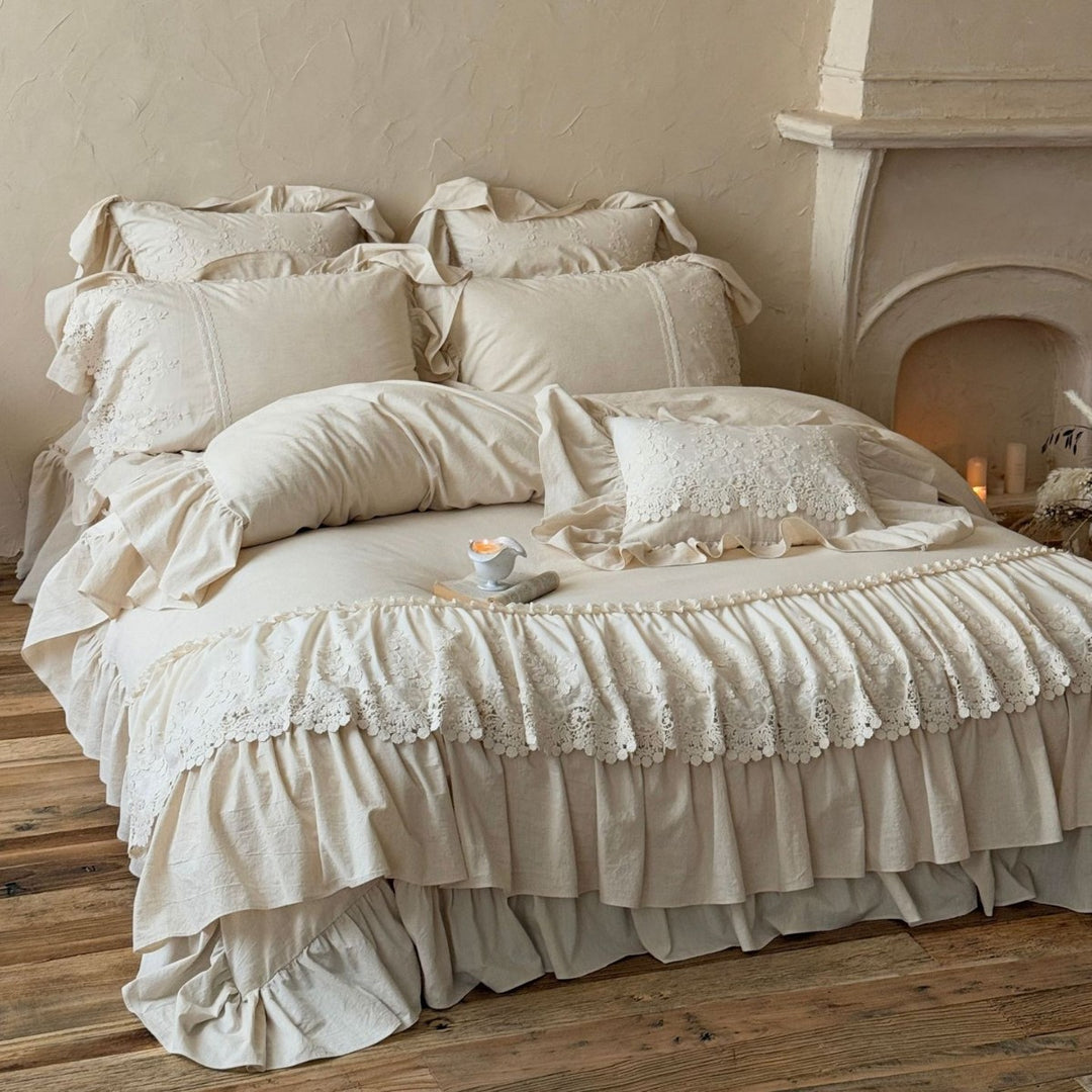 Ruffled Lace-Trim Duvet Cover Bedding Set with Decorative Pillow Shams