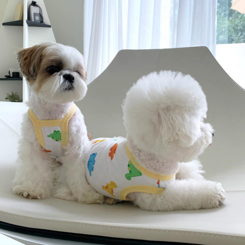 Breathable Mesh Dog Tank Vest with Colorful Dinosaur Print and Yellow Binding