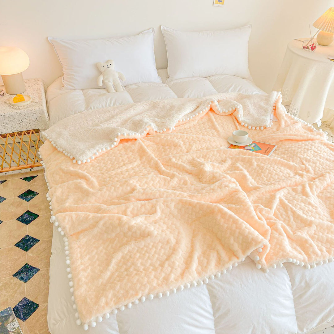 Plush Reversible Sherpa Throw Blanket with Pom-Pom Edge