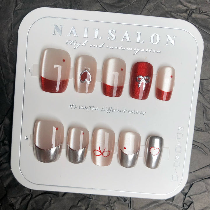 Elegant Heart and Bow Press-On Nail Set