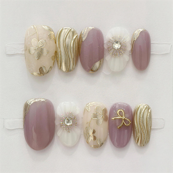 Decorative Press-On Nail Set with Gold Accents