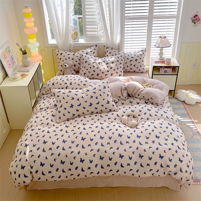 Cotton Gauze Quilted Duvet Cover and Pillowcase Set with Vintage Floral Bunny Print