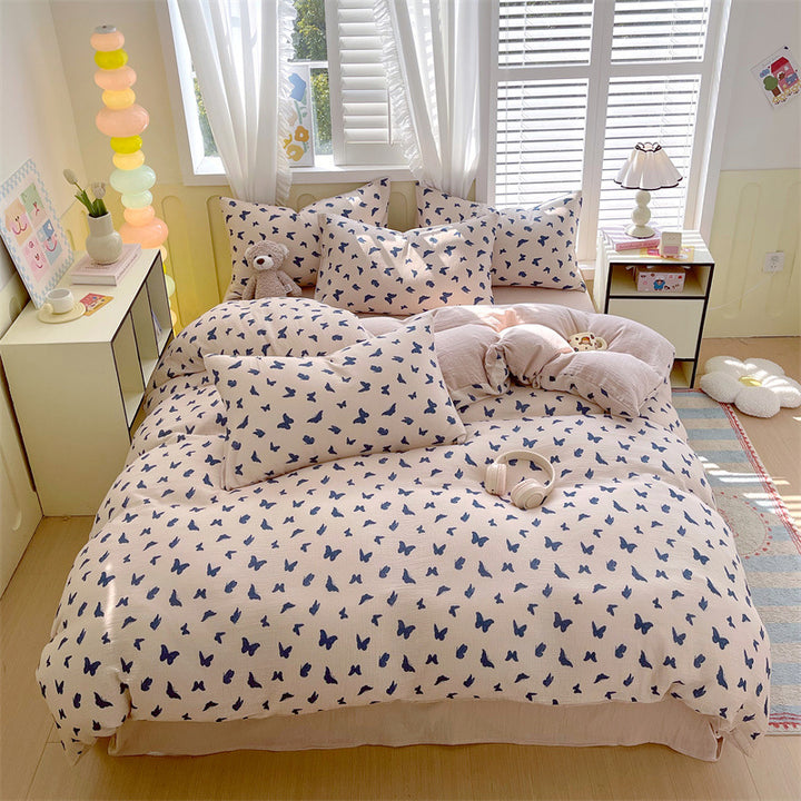 Cotton Gauze Quilted Duvet Cover and Pillowcase Set with Vintage Floral Bunny Print