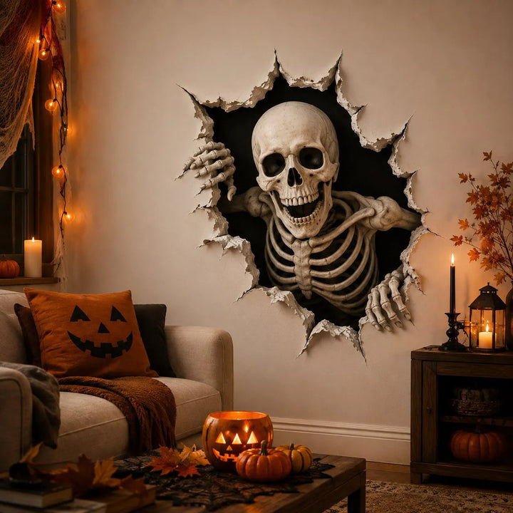 Three-dimensional Halloween wall sticker witch with hole-in-wall effect and pumpkin lantern