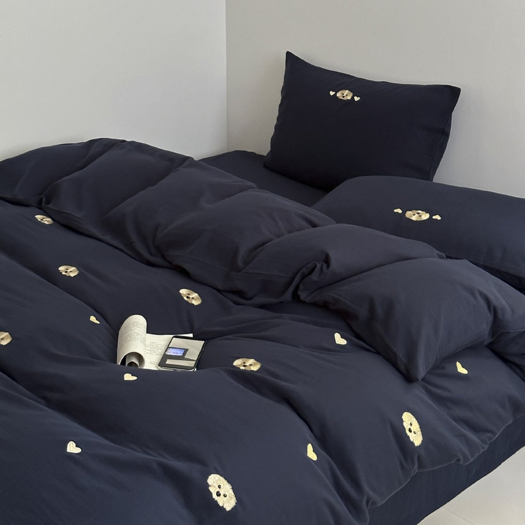 Pastel-striped bedding set made of cotton-linen with rainbow embroidery
