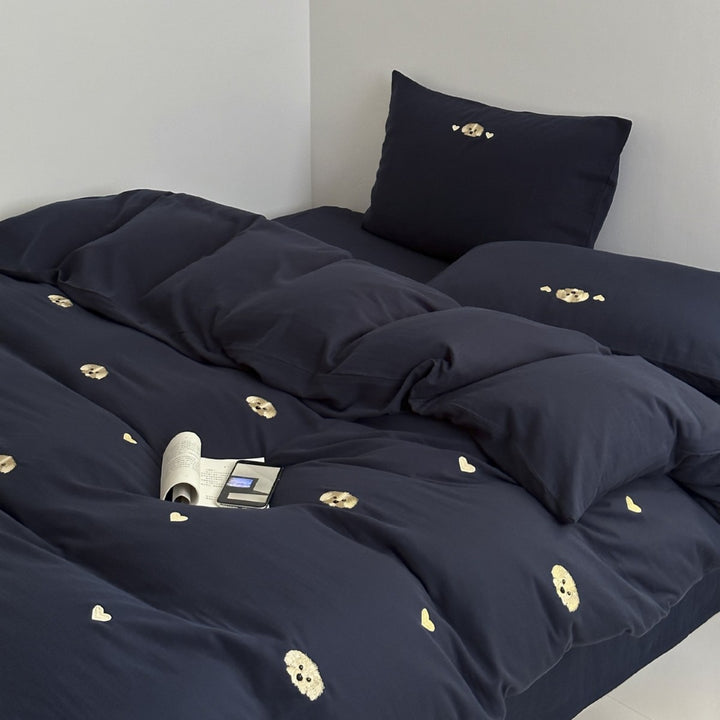Pastel-striped bedding set made of cotton-linen with rainbow embroidery