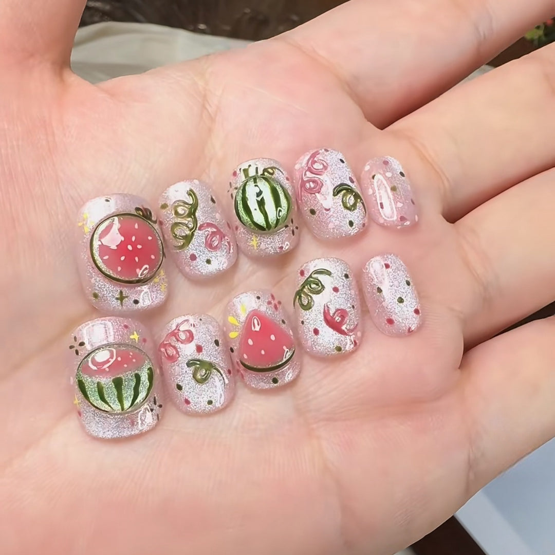 Artistic Press-On Nail Art Set with Watermelon Theme Stornfield