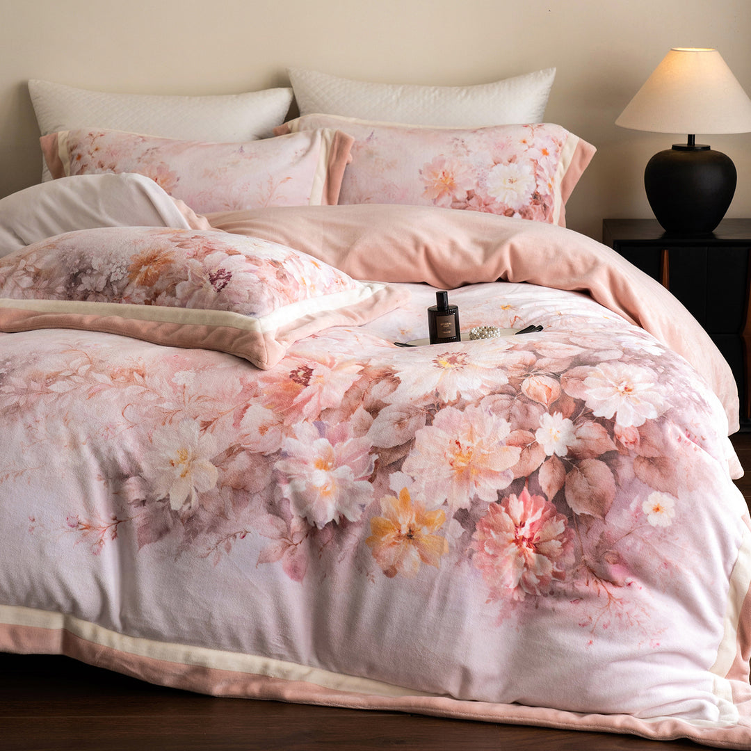 Floral Watercolor Plush Microfiber Duvet Cover Set with Reversible Back and Pillow Shams
