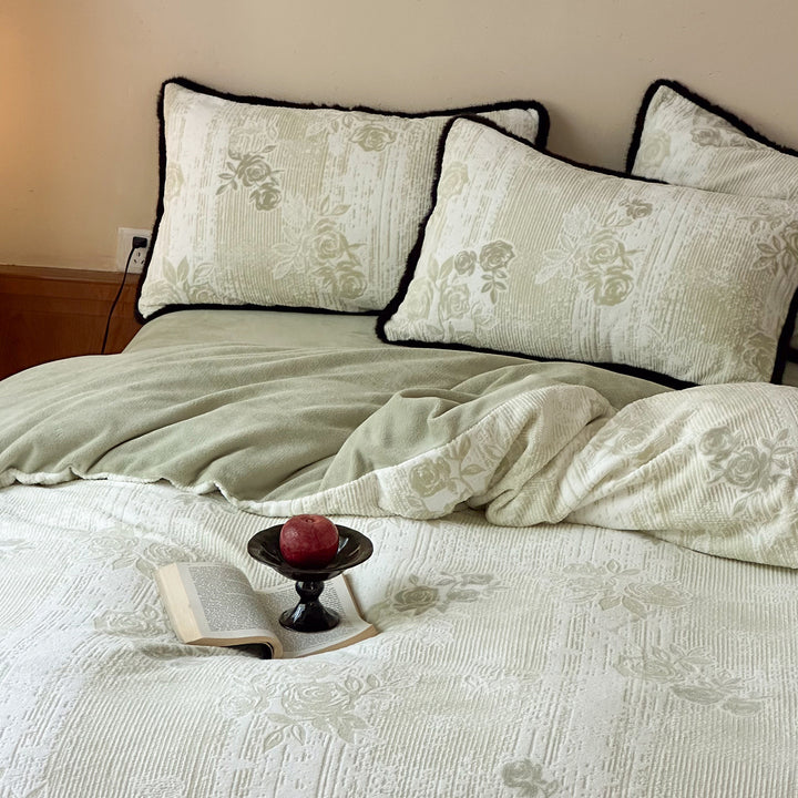 Quilted Jacquard Floral Duvet Cover Set with Contrast Piped Edge and Matching Pillow Shams