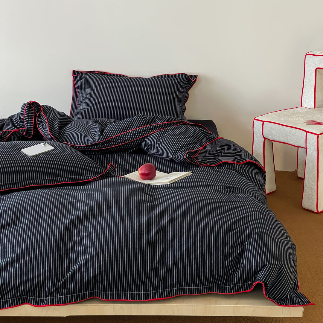 Pinstripe Cotton Sateen Duvet Cover Set with Contrasting Piped Edge