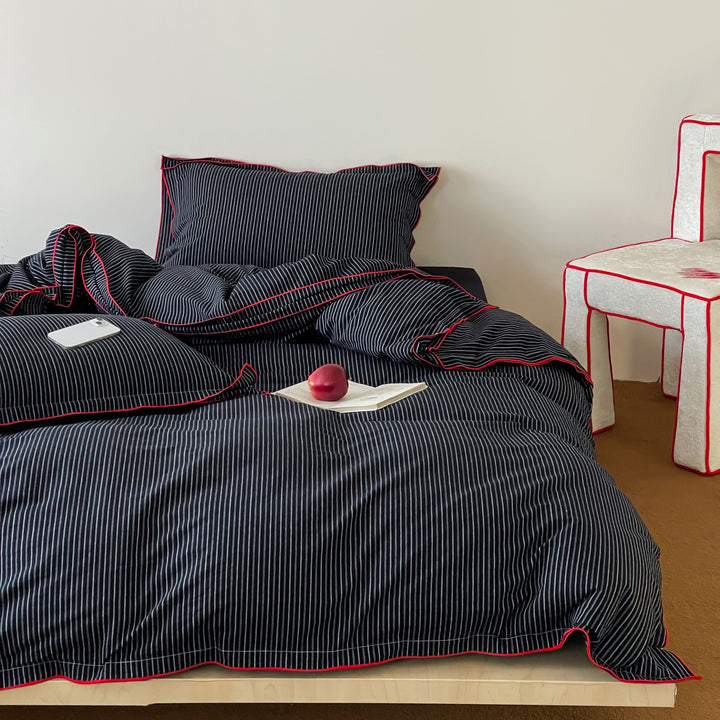 Pinstripe Cotton Sateen Duvet Cover Set with Contrasting Piped Edge