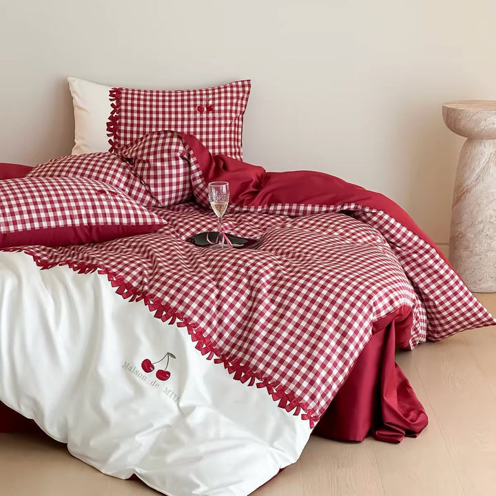 Gingham-Pattern Reversible Duvet Cover Set with Scalloped Ribbon Trim