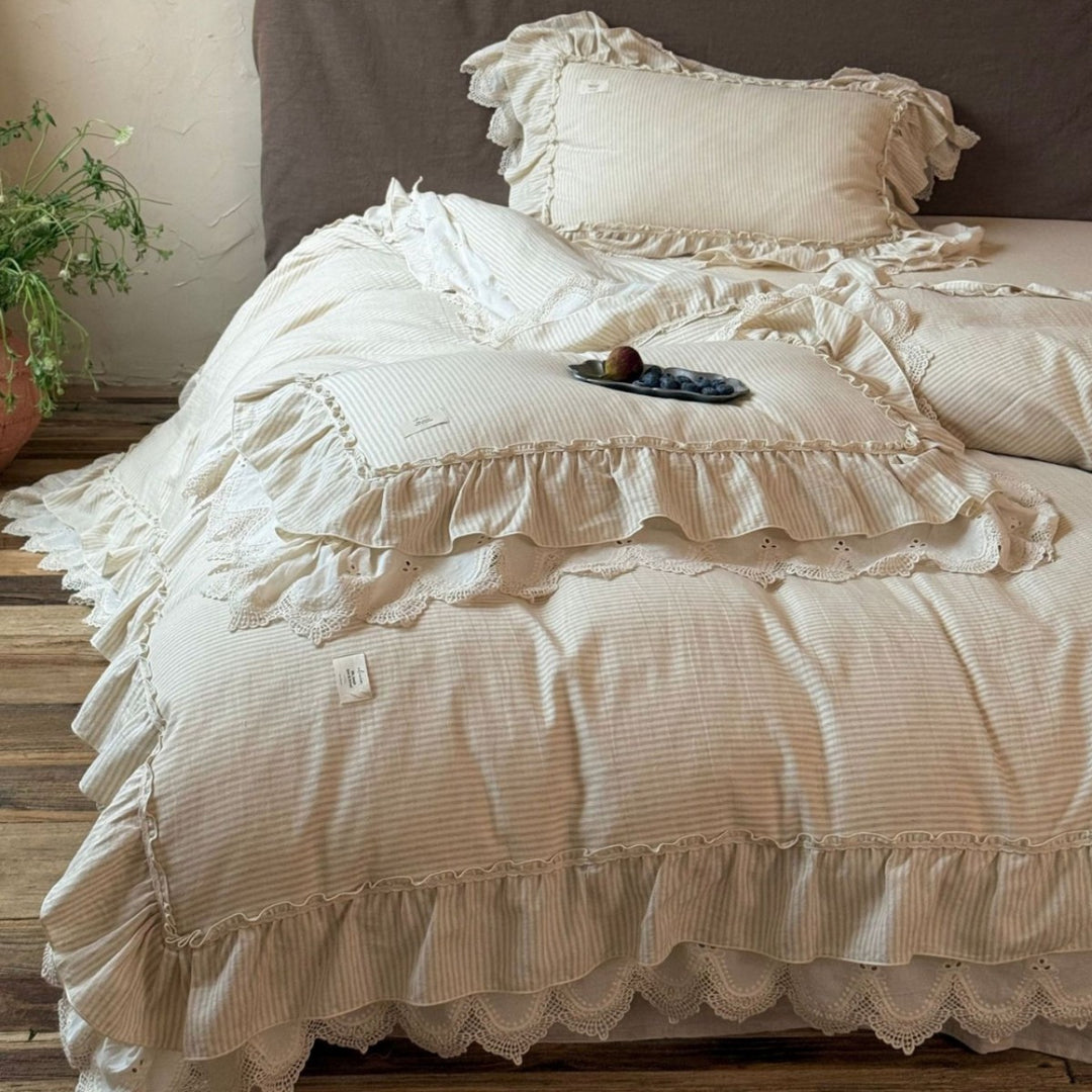 Reversible Striped Cotton Ruffle Duvet Cover Set with Lace-Trim Pillow Shams