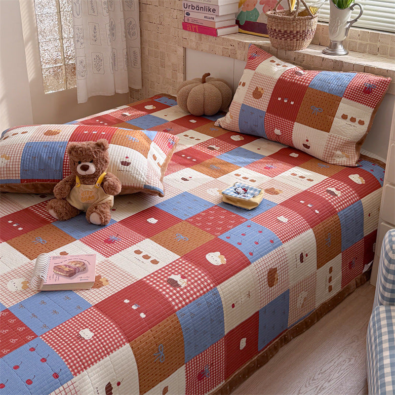 Quilted Cotton Toddler Bed Coverlet Set with Playful Dog and Flower Print and Gingham Trim