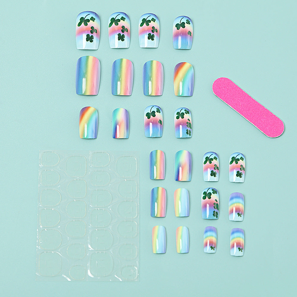 Artificial nails with colorful rainbow and clover leaf designs Stornfield