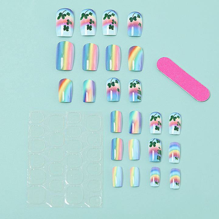 Artificial nails with colorful rainbow and clover leaf designs Stornfield
