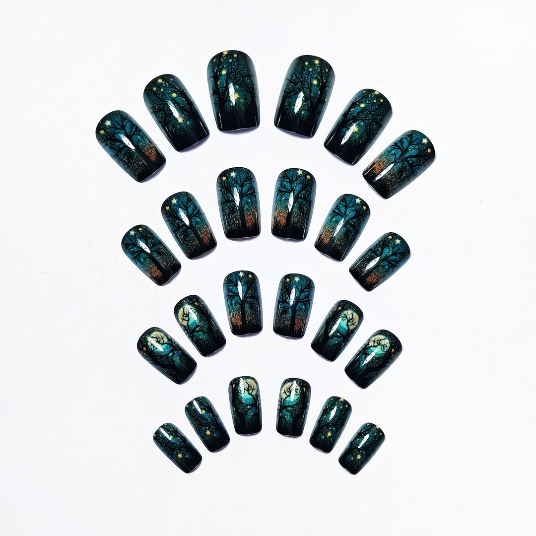 Creative Acrylic Nails with Midnight Forest Design Stornfield