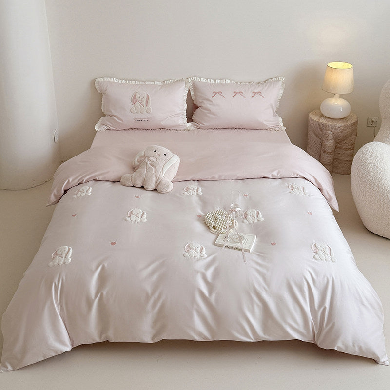 Embroidered Bunny Appliqué Cotton Sateen Duvet Cover Set with Ruffled Pillow Shams