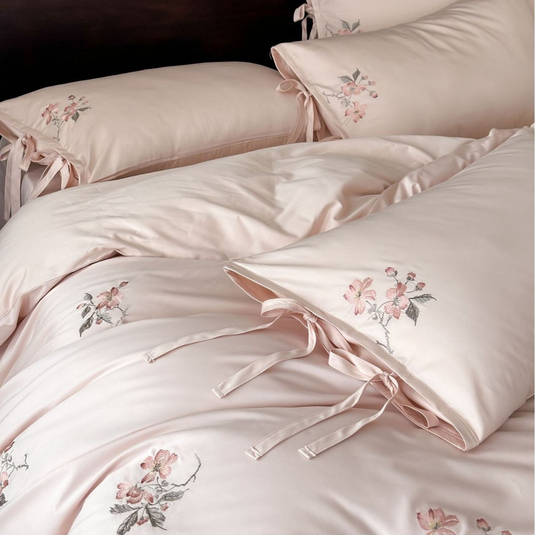 Satin-Feel Embroidered Blossom Duvet Cover Ensemble with Ribbon-Tie Shams
