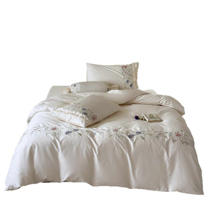 Floral Embroidered Luxury Cotton Sateen Bedding Set with Ruffled Pillowcases