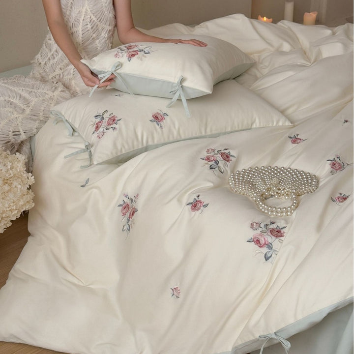 Embroidered Cotton Sateen Reversible Duvet Cover Set with Interior Ties & Matching Pillowcases