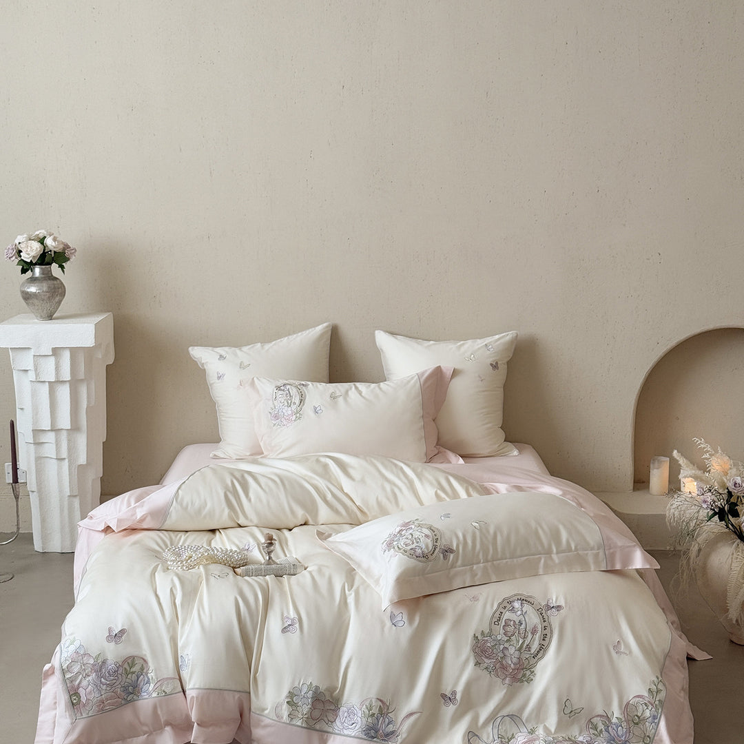 Embroidered Floral Cotton Sateen Duvet Cover Ensemble with Decorative Pillow Shams