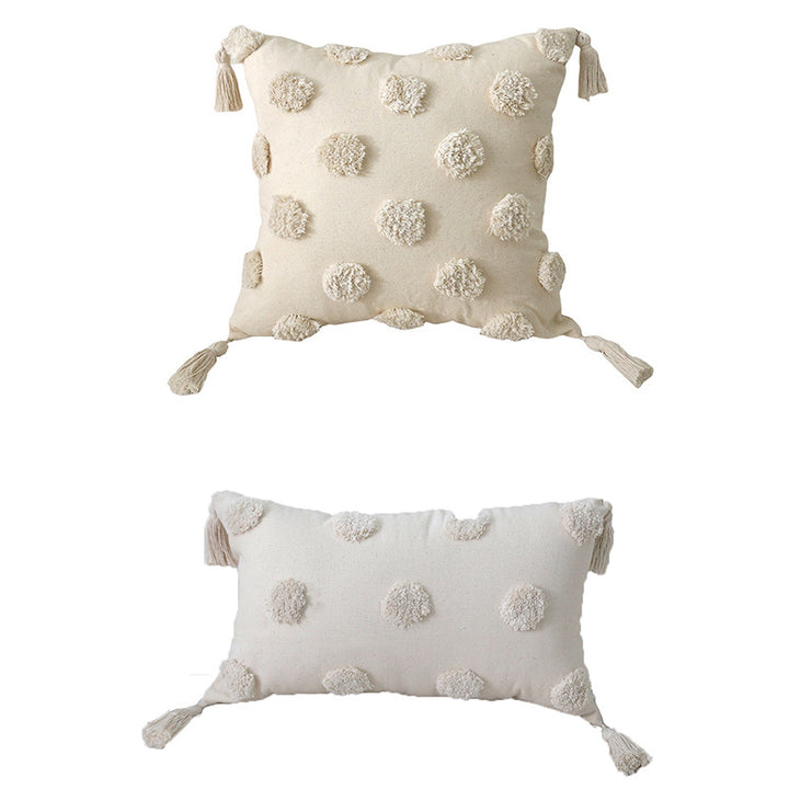 Artisanal Tufted Pom-Pom Cotton Square & Lumbar Tassel Accent Pillow Set with Removable Covers