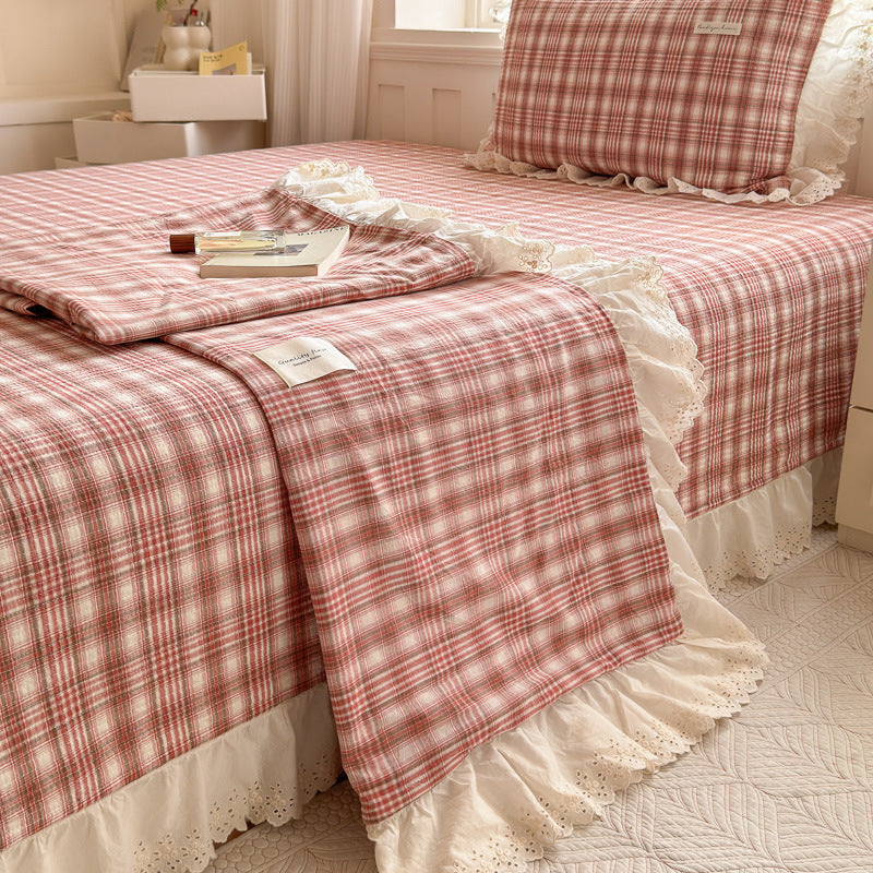 Ruffled Eyelet Lace Striped Cotton Duvet Cover Set with Frilled Pillow Shams