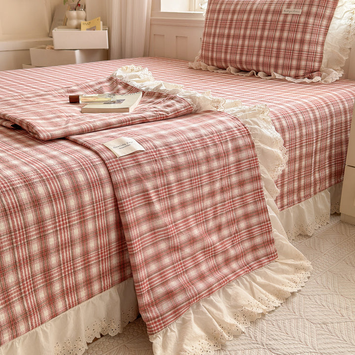 Ruffled Eyelet Lace Striped Cotton Duvet Cover Set with Frilled Pillow Shams