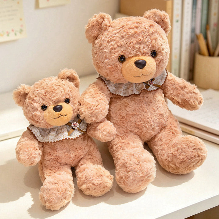 Curly-Fur Teddy Bear with Ruffled Plaid Collar and Embroidered Nose Stornfield