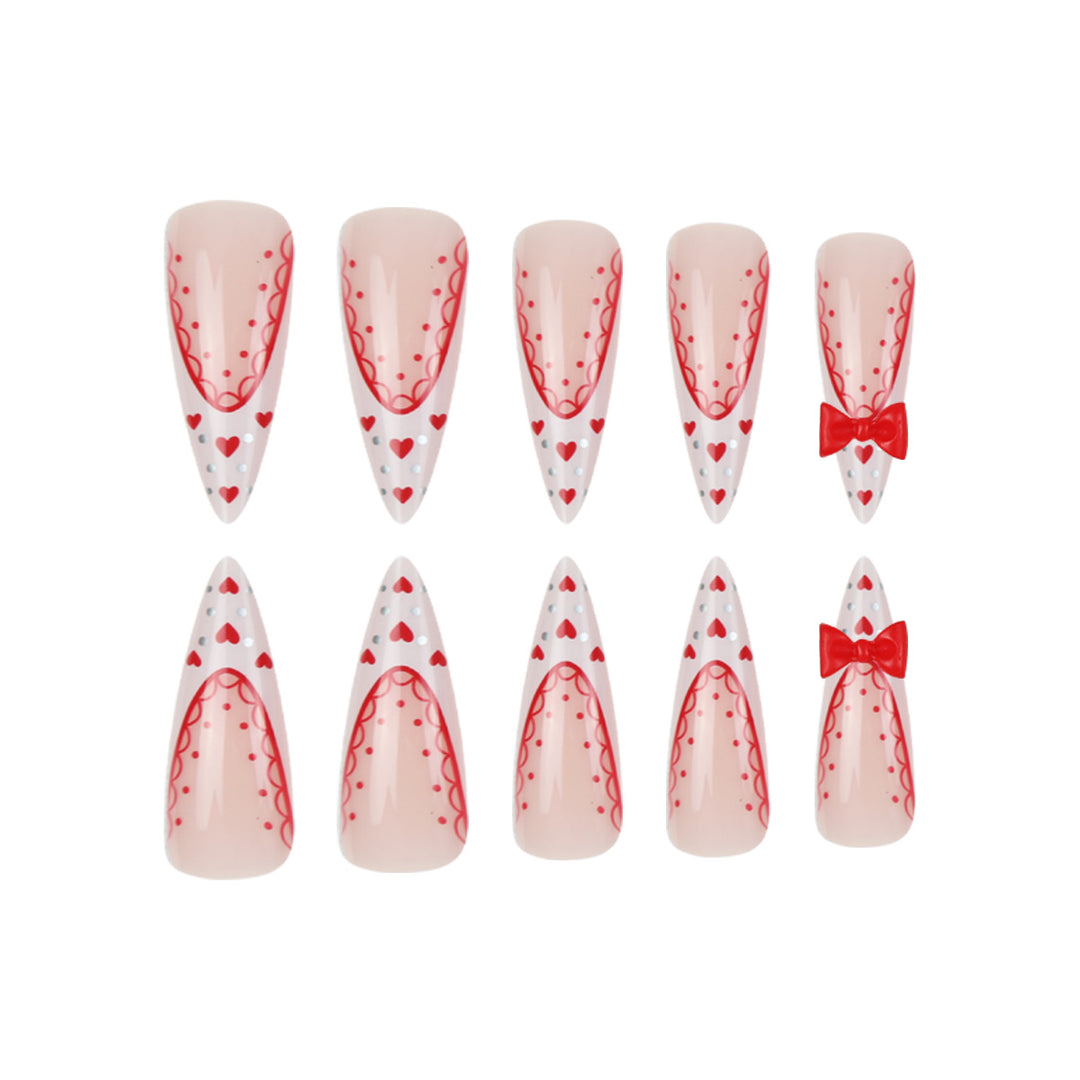 Stiletto Press-On Nail Art Set with Heart and Bow Design Stornfield