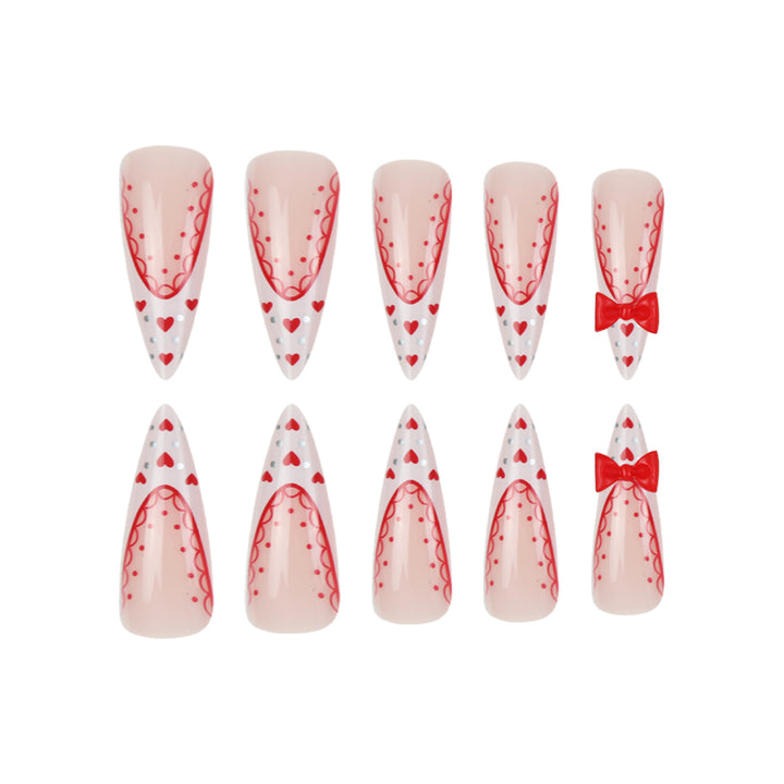 Stiletto Press-On Nail Art Set with Heart and Bow Design Stornfield