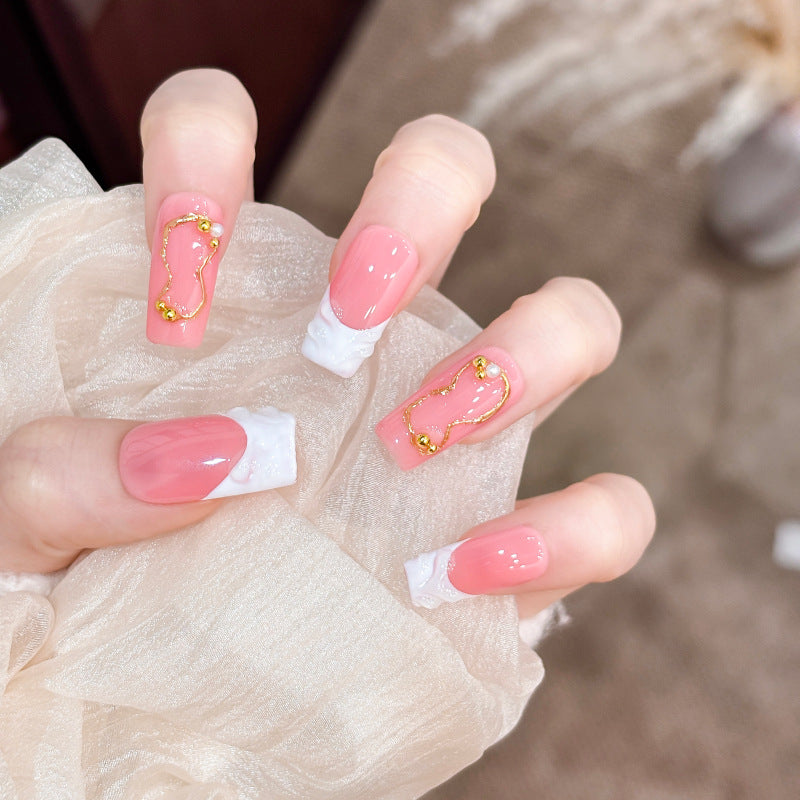Artistic Press-On Nail Tips with Gold Accents