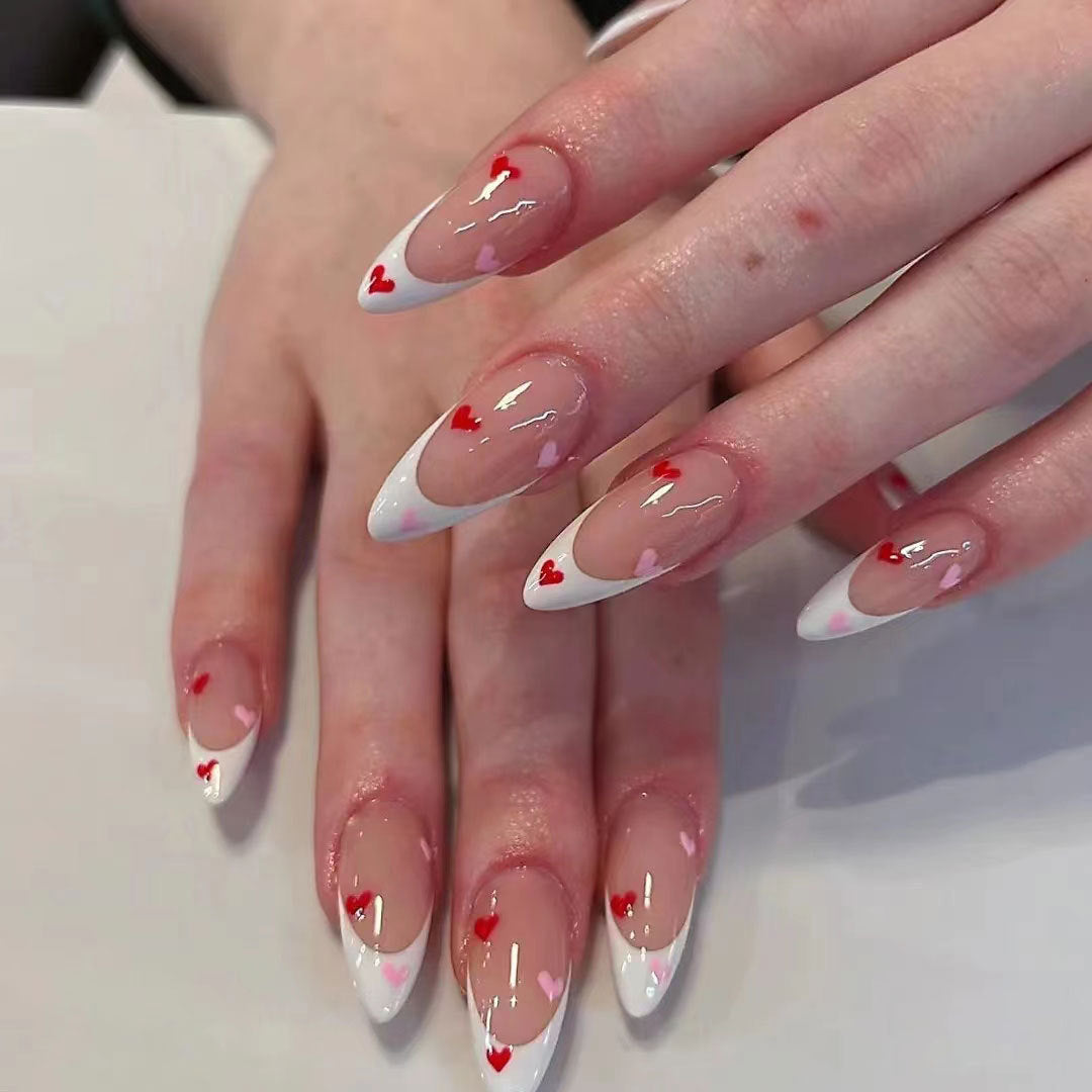 Heart-Themed French Tip Acrylic Nail Art
