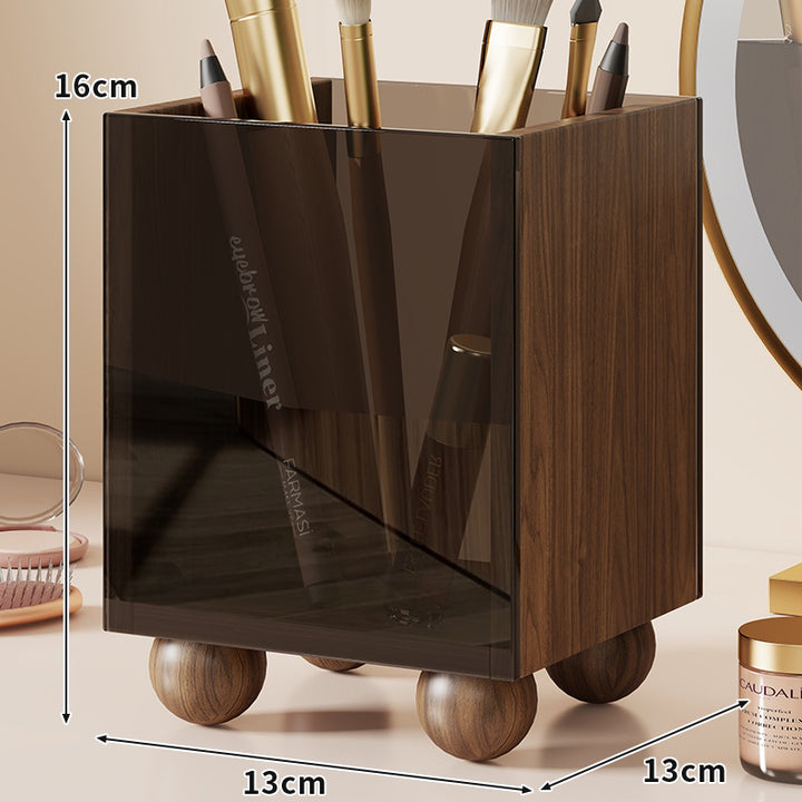 Small Square Cosmetic Brush and Makeup Organizer Box with Smoky Acrylic Front and Round Wood Feet
