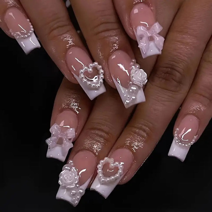 Artificial nail set with romantic 3D heart and flower decorations Stornfield