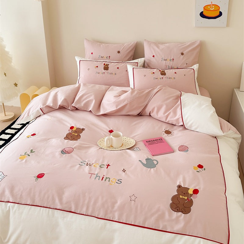 Cotton satin bedding set with delicate cherry embroidery and reversible function