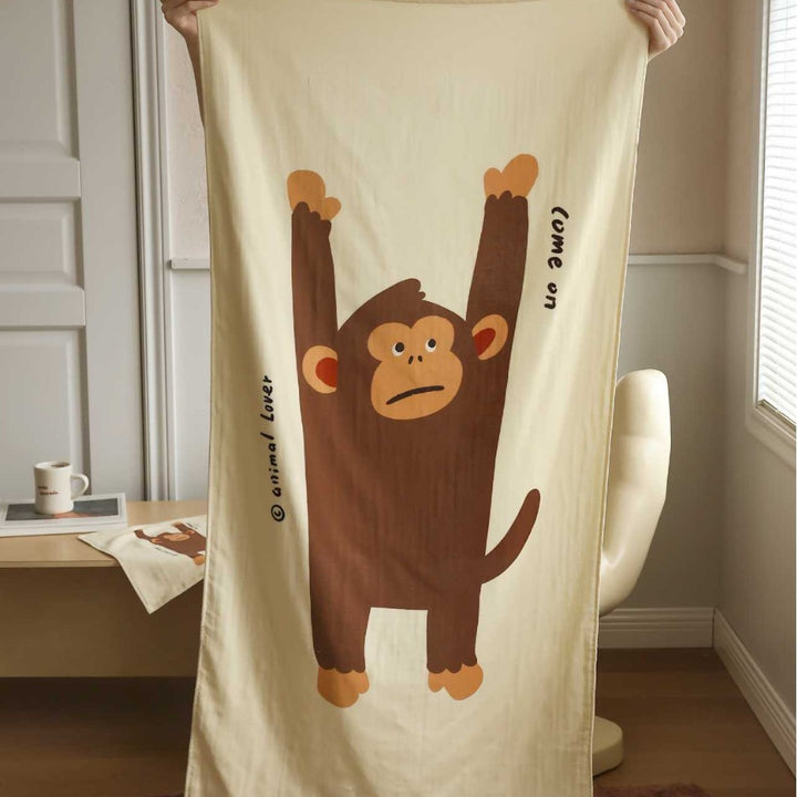Oversized Cotton Cartoon Monkey Beach & Bath Towel with Quick-Dry Lightweight Weave