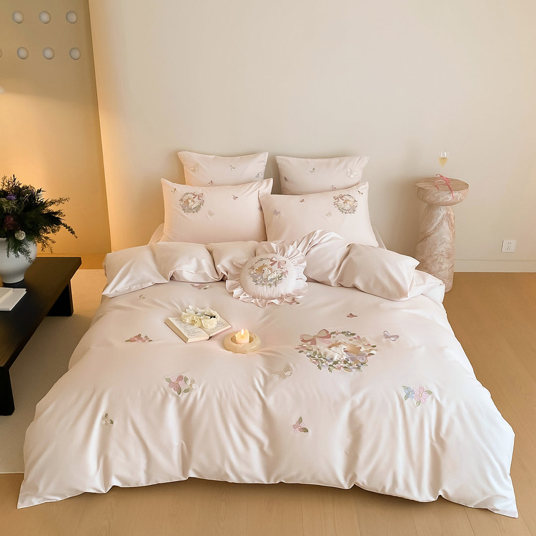 Pastel Botanical Embroidered Duvet Cover Set with Decorative Round Cushion