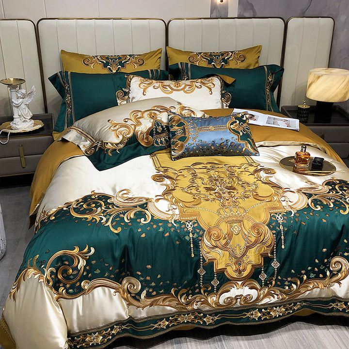 Silky Floral Embroidered Satin Duvet Cover Bedding Set with Scalloped Hem & Pillow Shams