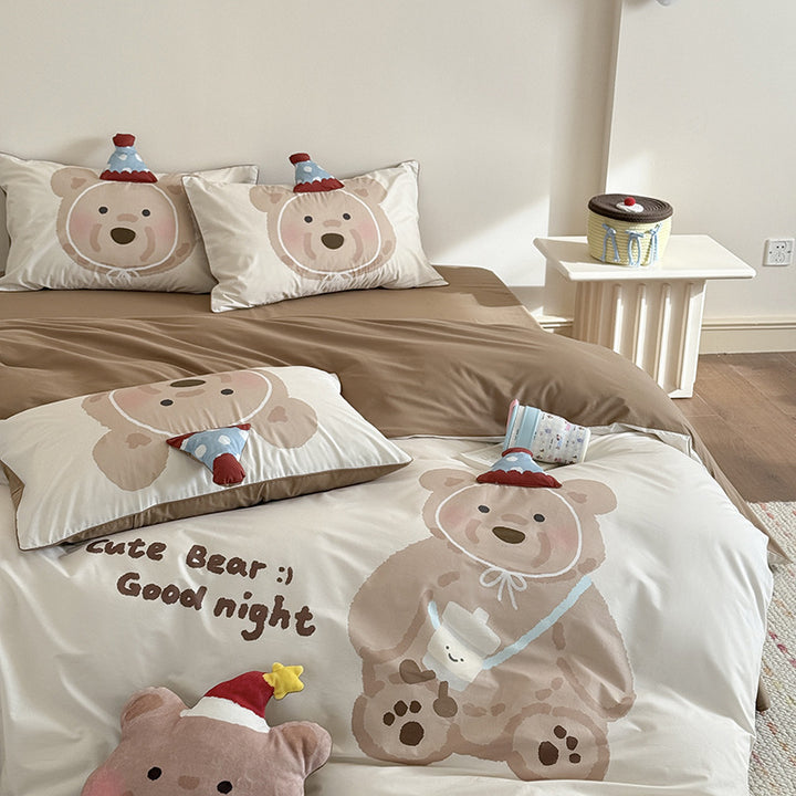 Children's Cartoon Bear Eggplant-Themed Duvet Cover Bedding Set with Pillowcases