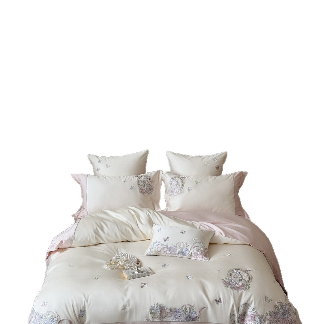 Embroidered Floral Cotton Sateen Duvet Cover Ensemble with Decorative Pillow Shams