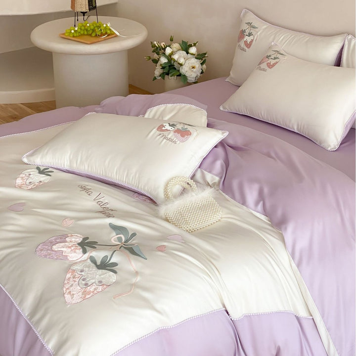 Pastel Satin bedding set with hand-drawn strawberry motif and fine piping