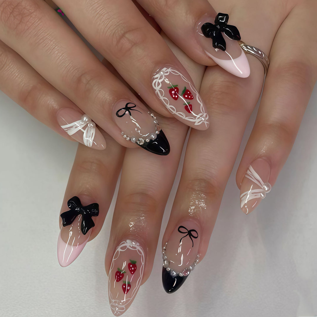 Artistic Press-On Nail Set with Bow and Berry Design Stornfield