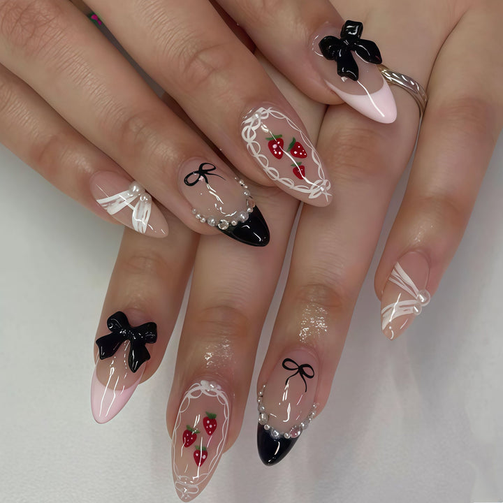 Artistic Press-On Nail Set with Bow and Berry Design Stornfield