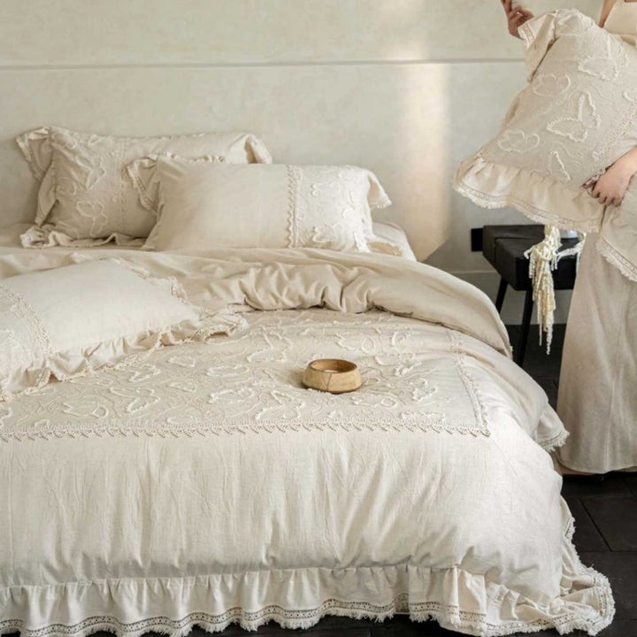 Linen bed linen set in Boho style with ruffles, relief embroidery and stonewashed finish