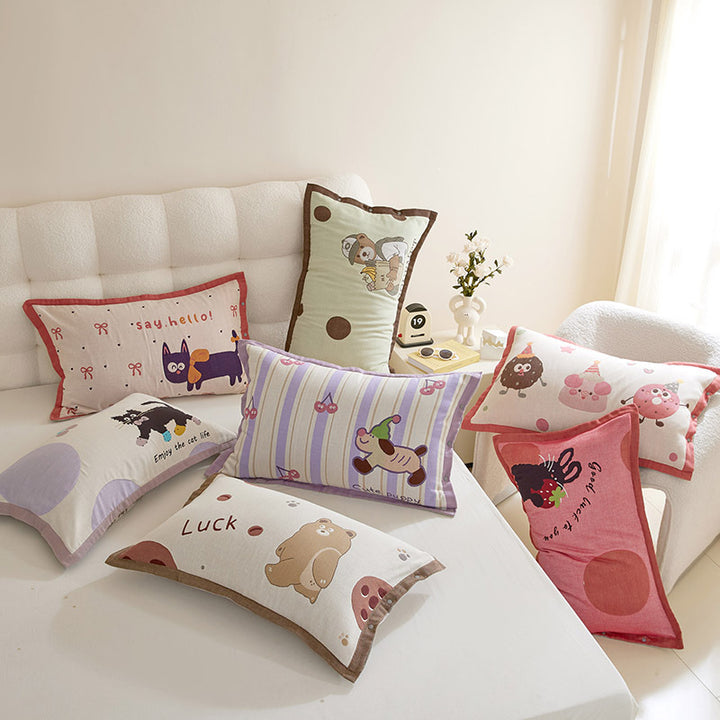 Decorative Cotton Pillowcase Set with Cartoon Puppy Stripe Print