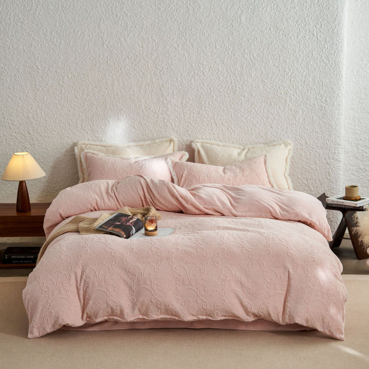 Embossed Paisley Plush Microfiber Duvet Cover Set with Sherpa-Lined Shams