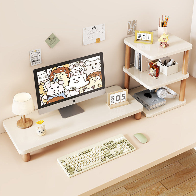 Solid Wood Monitor Riser with Tiered Desk Organizer and Cable Management