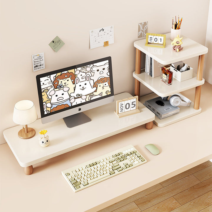 Solid Wood Monitor Riser with Tiered Desk Organizer and Cable Management